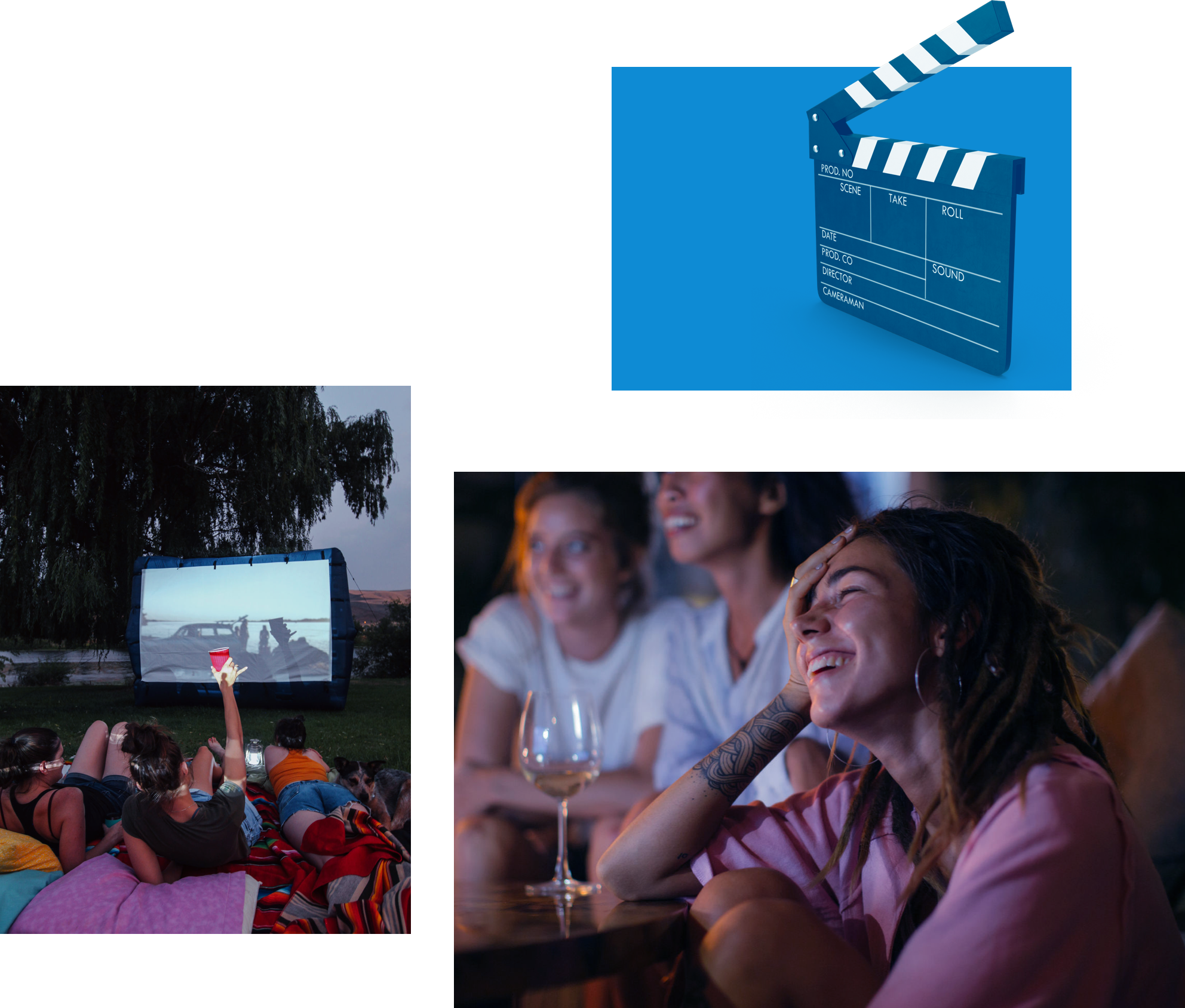 clapper, outdoor screening, friends, movie glow
